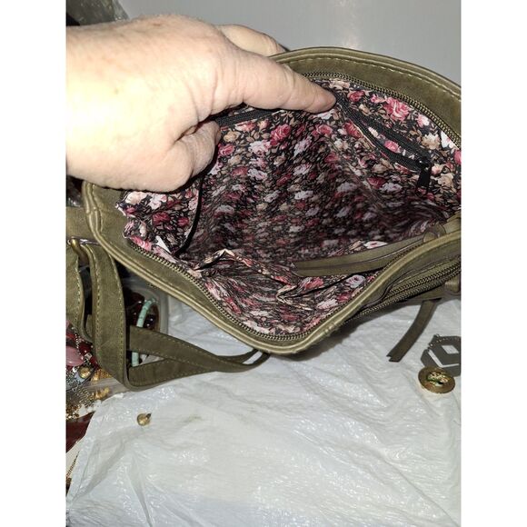 Army Green Women's Crossbody Purse Shoulder Bag Embroidered Vinyl Boho Hippie - Picture 6 of 11